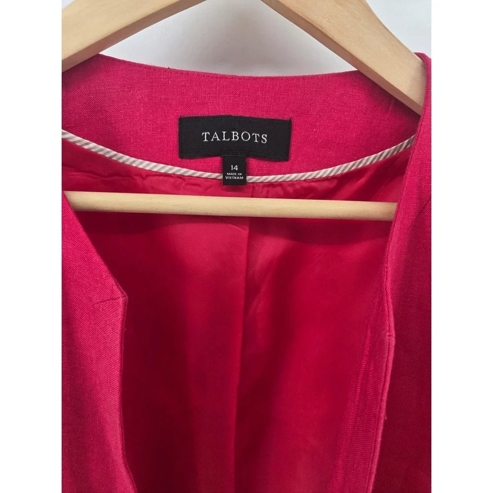 Talbots Linen Blazer Women 14 Pink Open Front Collarless 3/4 Sleeve Jacket